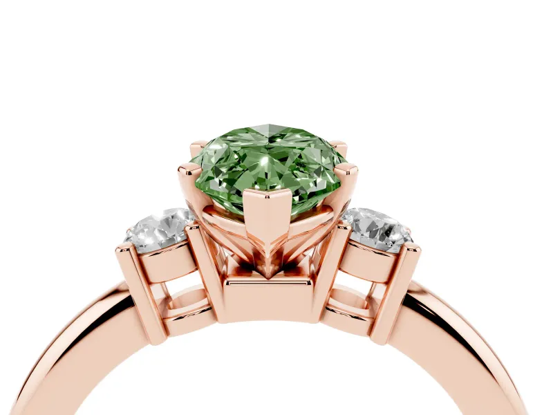 Fancy Green Three-Stone Marquise Cut Diamond Ring Set in Rose gold with Prong Setting and Plain Band
