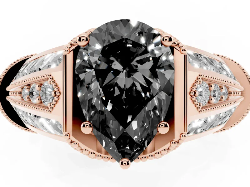Pear-Shaped Vintage Milgrain Engagement Ring Setting for a Black Center | Hidden Halo | Rose Gold