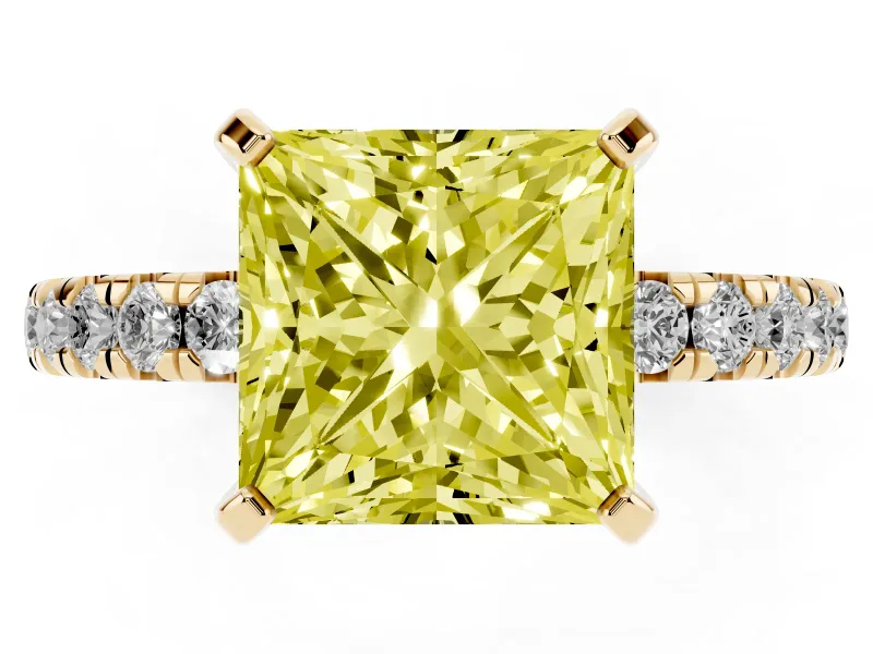 Fancy Yellow Princess Cut Diamond Pavé Solitaire Ring Set in Yellow gold with Round Band and Prong Setting