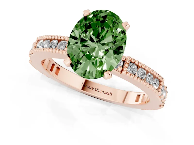 Fancy Green Oval Cut Diamond Solitaire Ring Set in Rose gold with Slim Pavé Band and Prong Setting