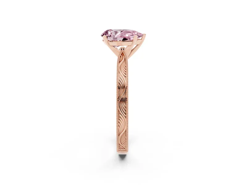 Fancy Pink Pear Cut Diamond Solitaire Milgrain Engraved Band Set in Rose gold with Prong Setting