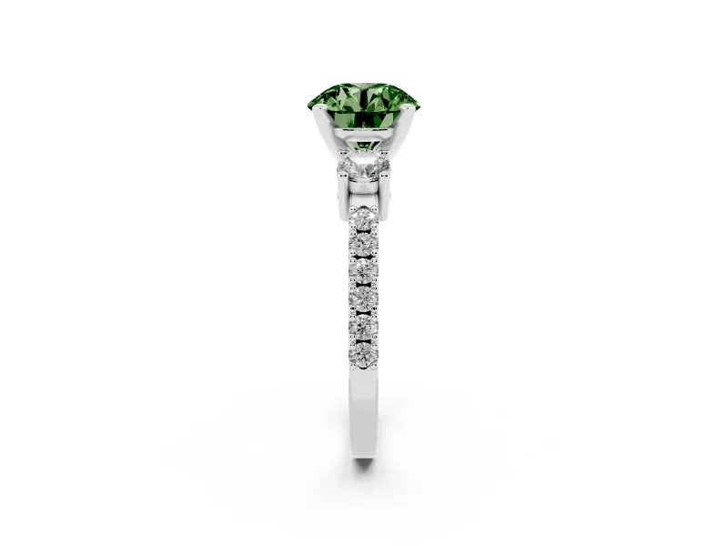 Round Three Stone Pavé Engagement Ring Setting for a Fancy Green Lab-Grown Diamond | Round Side Stones | Sterling Silver