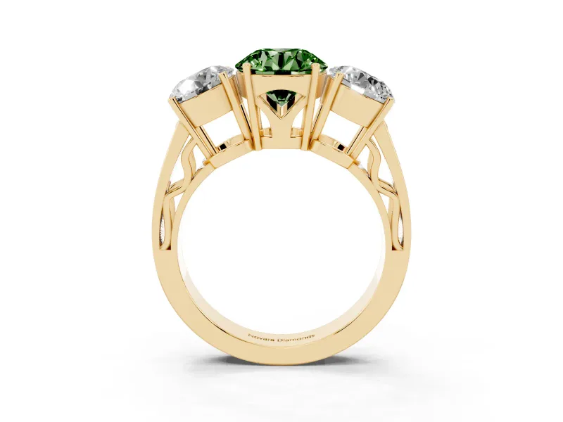 Round Engagement Ring Setting for a Fancy Green Lab-Grown Diamond | Three Stone | Yellow Gold