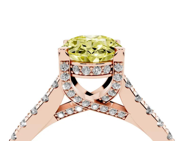 Oval Hidden Halo Pave Engagement Ring Setting for a Fancy Yellow Lab-Grown Diamond | Claw Prongs | Rose Gold