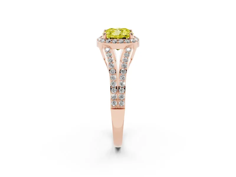 Cushion Cut Halo Engagement Ring Setting for a Fancy Yellow Lab-Grown Diamond | V-Split Pavé Band | Rose Gold