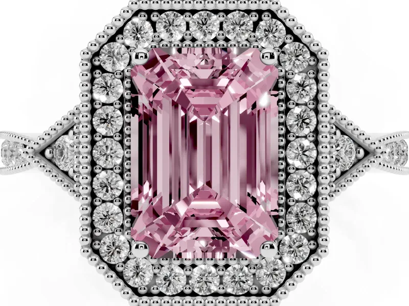 Fancy Pink Emerald Cut Diamond Halo Engagement Ring Set in Silver with Milgrain Pavé Band
