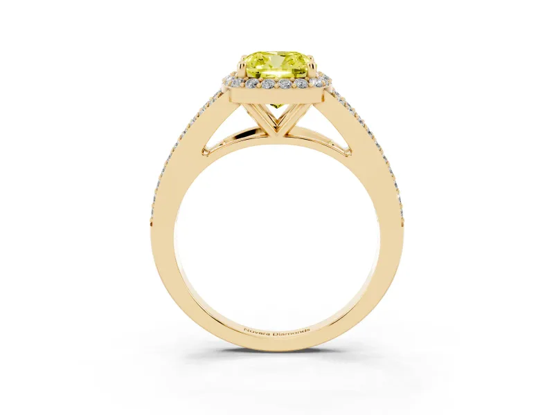 Cushion Cut Halo Engagement Ring Setting for a Fancy Yellow Lab-Grown Diamond | V-Split Pavé Band | Yellow Gold
