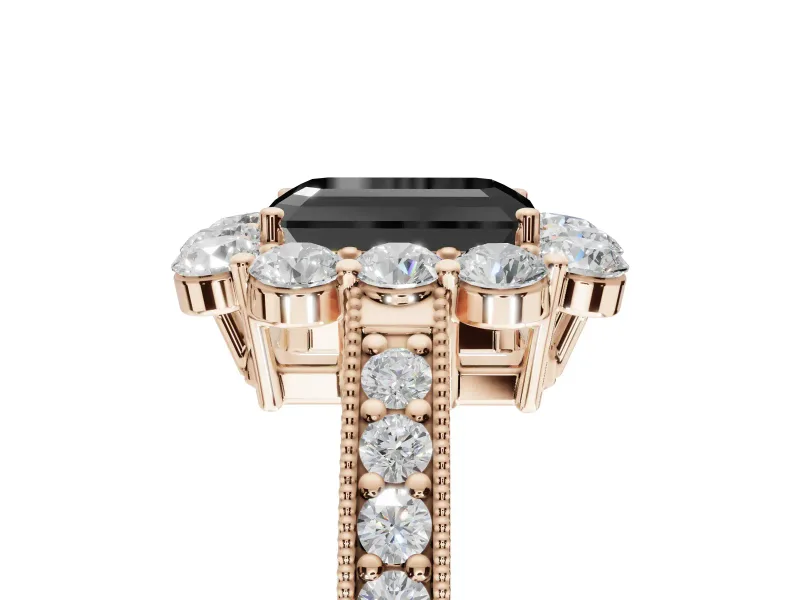 Fancy Black Emerald Cut Lab-Grown Diamond Halo Pavé Engagement Ring Set in Rose Gold with Milgrain Detailing