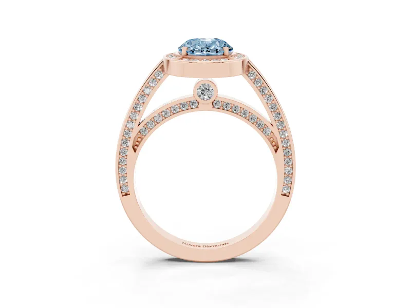 Fancy Blue Oval Cut Diamond Halo Pavé Split Shank Ring Set in Rose gold with Prong Setting