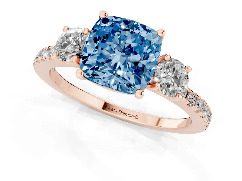 Cushion Cut Three Stone Engagement Ring Setting for a Fancy Blue Lab-Grown Diamond | Pave Shoulders | Rose Gold