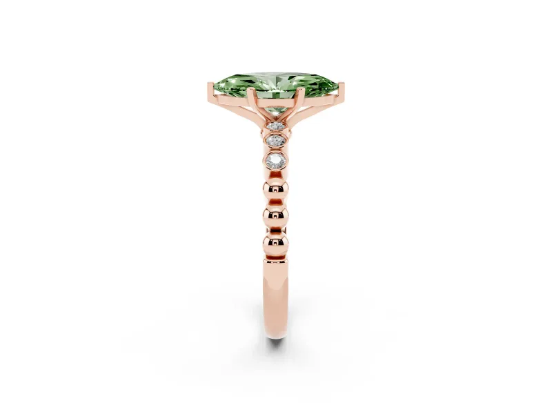 Fancy Green Marquise Cut Diamond Solitaire Engagement Ring Set in Rose gold with Bezel Accents on Beaded Band