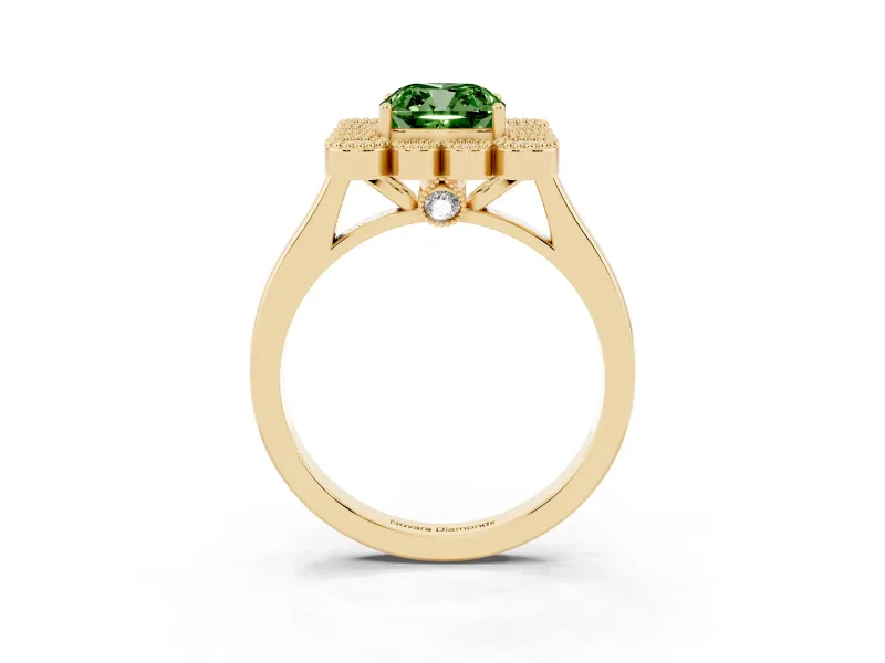 Cushion Cut Milgrain Cluster Halo Engagement Ring Setting for a Fancy Green Lab-Grown Diamond | Plain Band | Yellow Gold
