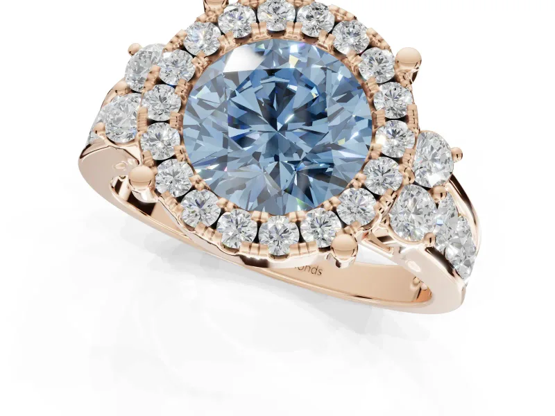 Round Halo Engagement Ring Setting for a Fancy Blue Lab-Grown Diamond | Side Clusters | Rose Gold