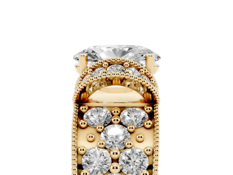 Oval Vintage Milgrain Pave Engagement Ring Setting | Crescent Side Rows | Yellow Gold