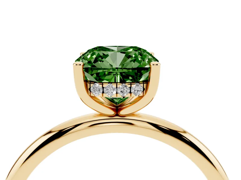 Fancy Green Cushion Cut Diamond Solitaire Engagement Ring Set in Yellow gold with Prong Setting and Polished Band