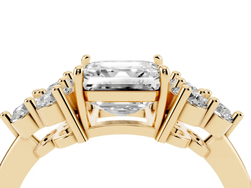 Asscher Cut Diamond Solitaire Ring Set in Yellow gold with Cluster Accents on Each Side