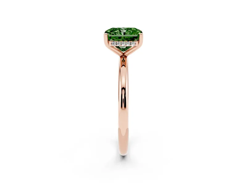 Radiant Cut Micro-Prong Hidden Halo Engagement Ring Setting for a Fancy Green Lab-Grown Diamond | Plain Band | Rose Gold