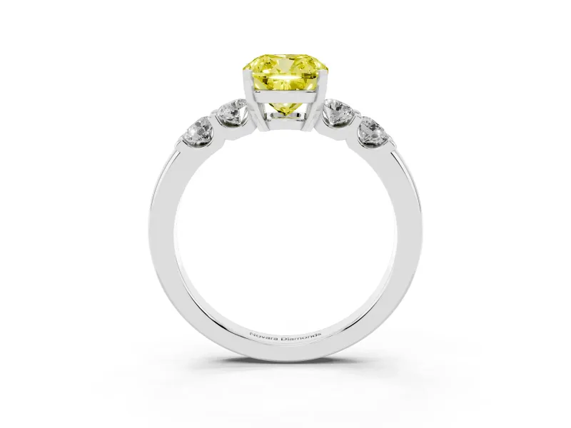 Fancy Yellow Cushion Cut Diamond Five-Stone Prong Set Engagement Ring Set in White gold with Channel Band