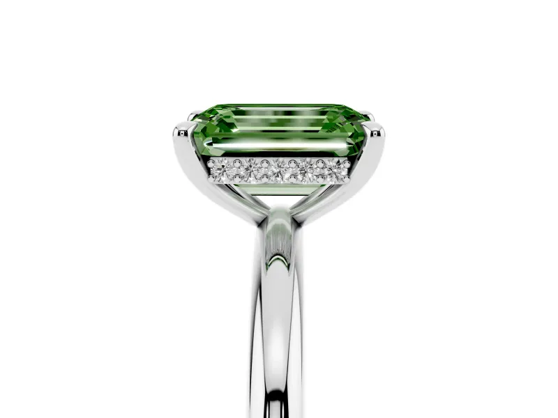 Fancy Green Emerald Cut Diamond Solitaire Ring Set in Silver with Thin Band and Prong Setting