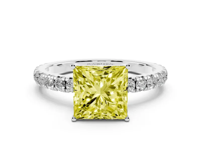 Fancy Yellow Princess Cut Diamond Pavé Solitaire Engagement Ring Set in Silver with Prong Setting