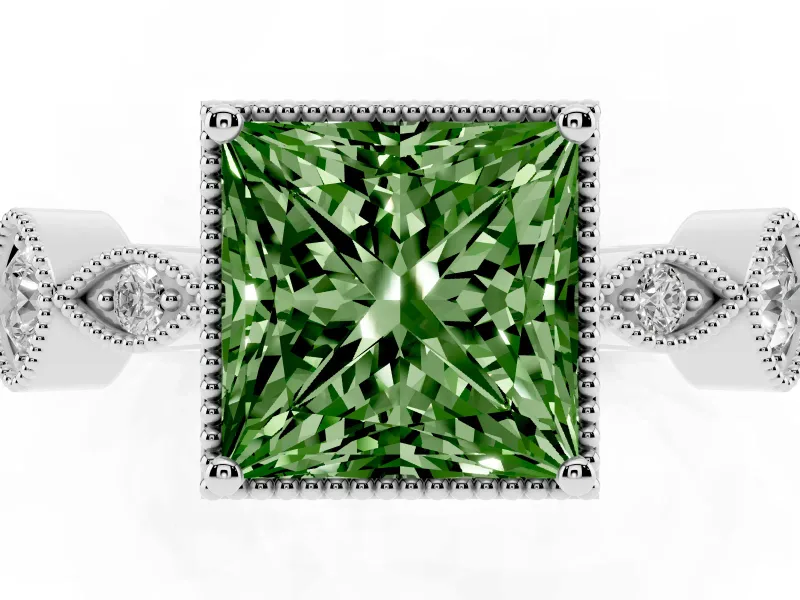 Fancy Green Princess Cut Diamond Vintage-Inspired Milgrain Ring Set in Platinum with Marquise Stations of Round Accents