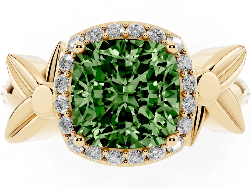 Cushion Cut Floral Halo Engagement Ring Setting for a Fancy Green Lab-Grown Diamond | Yellow Gold