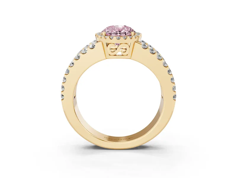 Fancy Pink Oval Cut Diamond Halo Ring Set in Yellow gold with Pavé Split Shank and Prong Setting