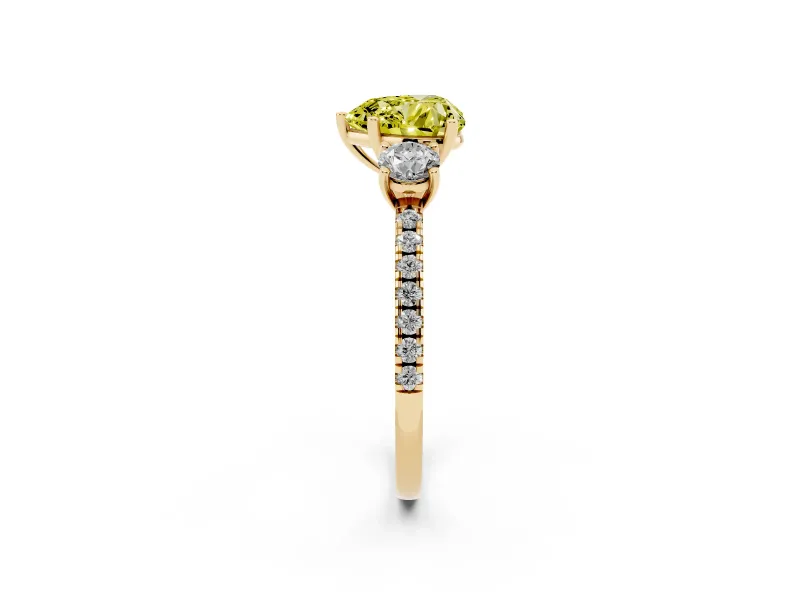 Heart-Shaped Three Stone Engagement Ring Setting for a Fancy Yellow Lab-Grown Diamond | Pave Shoulders | Yellow Gold