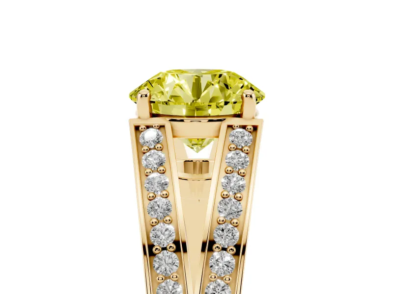 Fancy Yellow Round Cut Diamond Split Shank Ring Set in Yellow gold with Pavé Band and Prong Setting