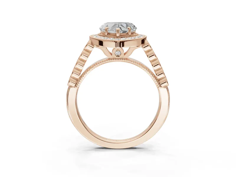 Heart-Shaped Lab-Grown Diamond Milgrain Halo Solitaire Ring Set in Rose Gold with Bezel Set Side Stones and Pavé Band