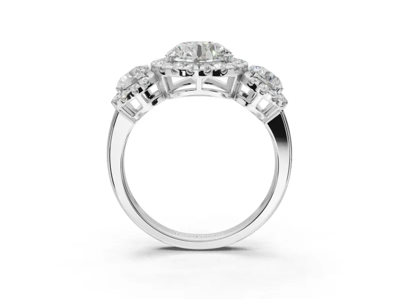 Round Three Stone Halo Engagement Ring Setting | Haloed Side Stones | Sterling Silver