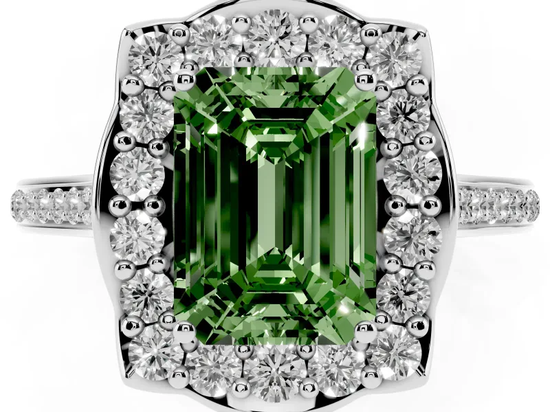 Emerald Cut Petal Tip Halo Engagement Ring Setting for a Fancy Green Lab-Grown Diamond | Pavé Band | Sterling Silver