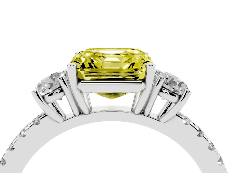Asscher Cut Three Stone Engagement Ring Setting for a Fancy Yellow Lab-Grown Diamond | Pave Shoulders | Platinum