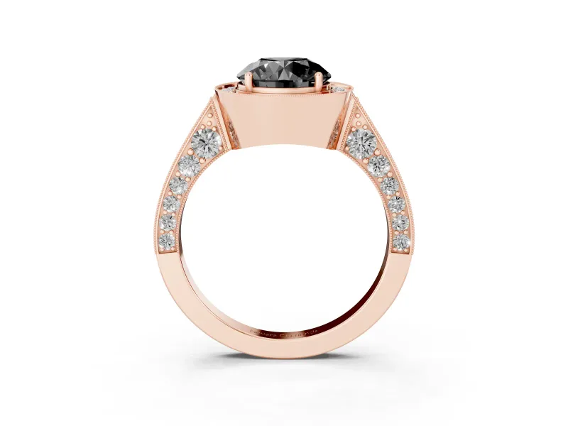 Round Milgrain Halo Engagement Ring Setting for a Black Center | Side Stones | Rose Gold