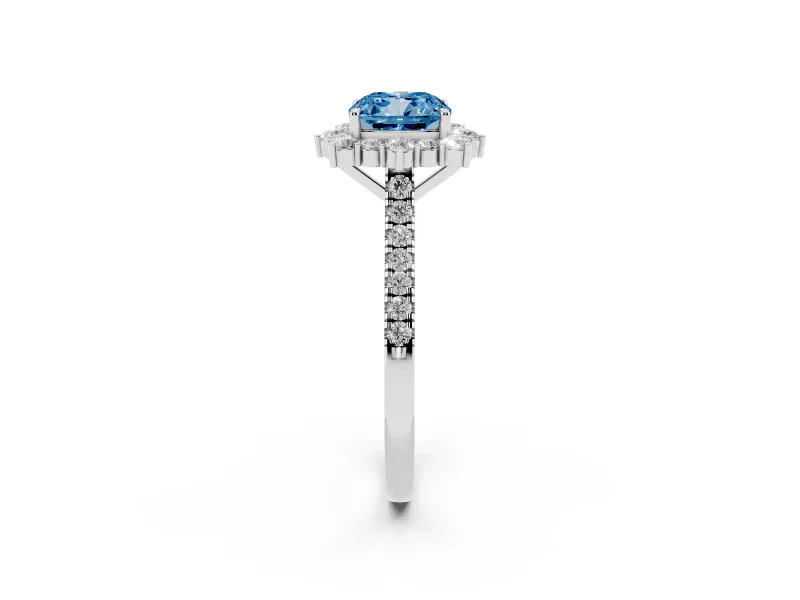 Cushion Cut Scalloped Halo Engagement Ring Setting for a Fancy Blue Lab-Grown Diamond | Single Row Pave | Platinum