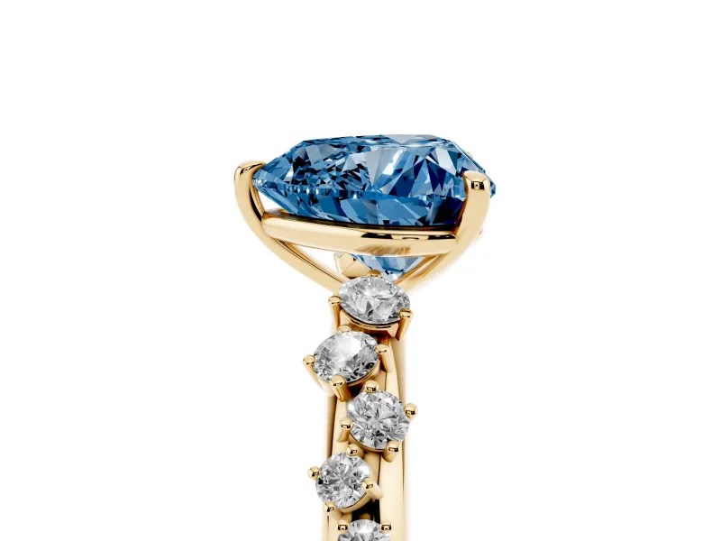 Fancy Blue Heart Cut Diamond Cluster Solitaire Ring Set in Yellow gold with Prong Setting