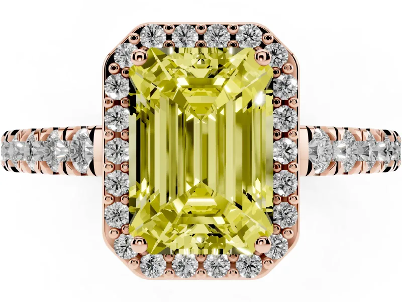Fancy Yellow Emerald Cut Diamond Halo Engagement Ring Set in Rose gold with Pavé Band and Prong Setting