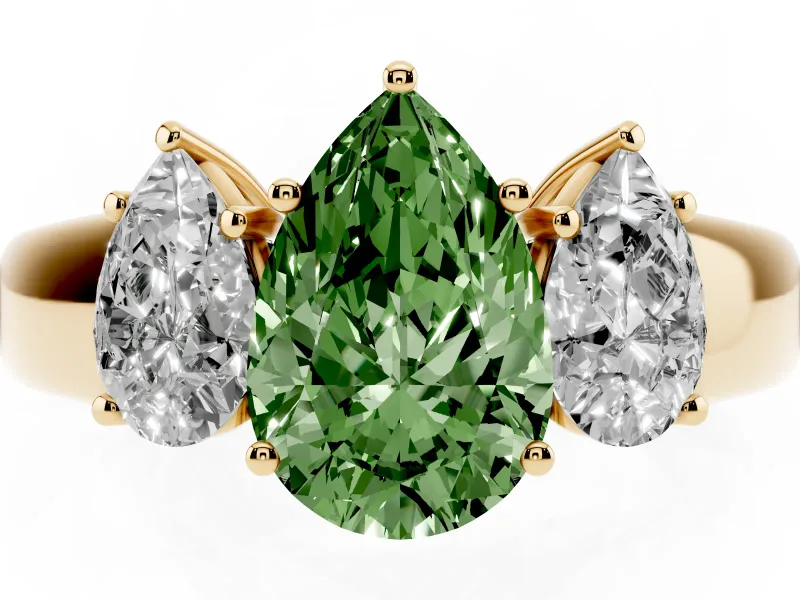 Pear-Shaped 3 Stone Engagement Ring Setting for a Fancy Green Lab-Grown Diamond | Yellow Gold