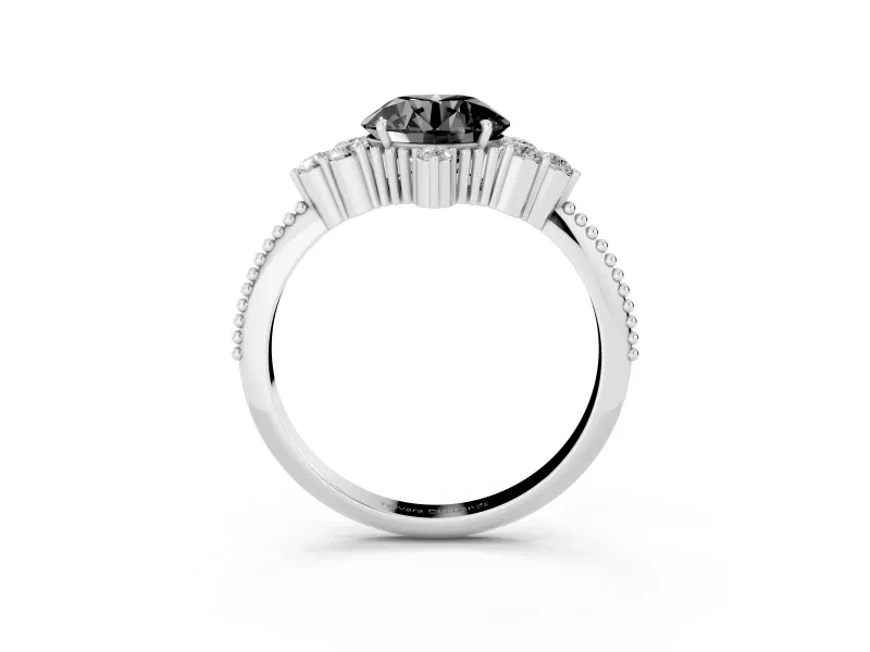 Fancy Black Round Cut Diamond Cluster Ring Set in Silver with Beaded Band