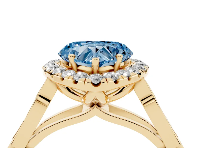 Heart-Shaped Halo Engagement Ring Setting for a Fancy Blue Lab-Grown Diamond | Filigree Shoulders | Yellow Gold