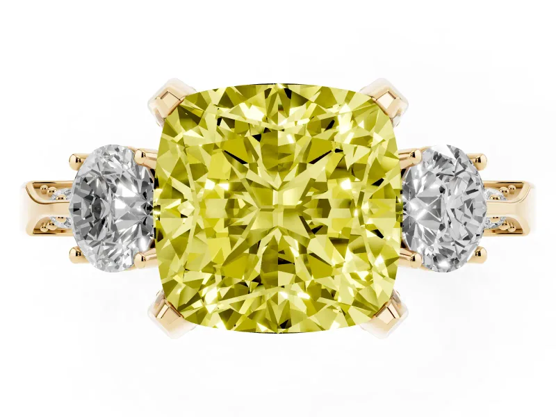 Cushion Cut Hidden Halo Three Stone Engagement Ring Setting for a Fancy Yellow Lab-Grown Diamond | Yellow Gold
