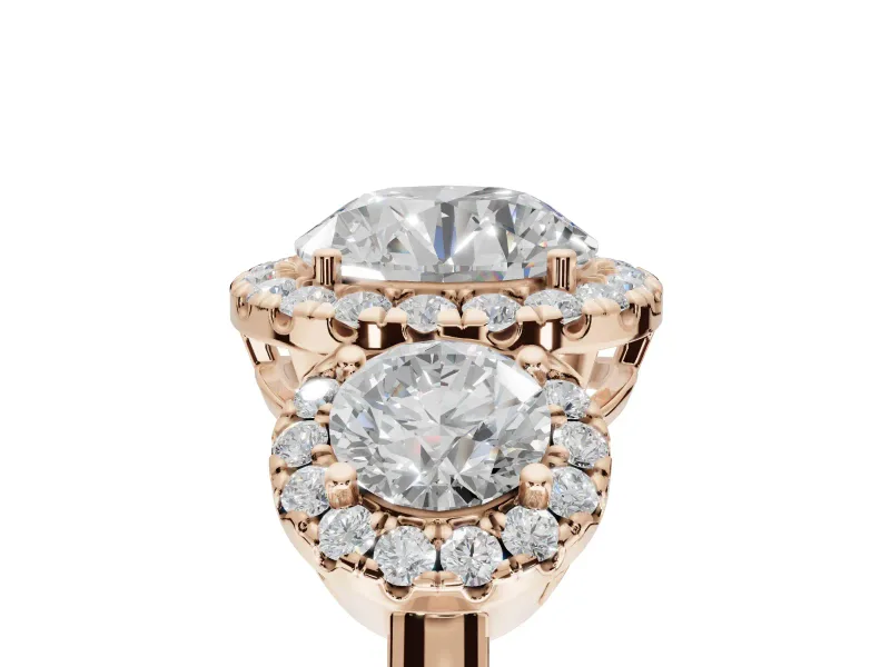 Round Three Stone Halo Engagement Ring Setting | Haloed Side Stones | Rose Gold