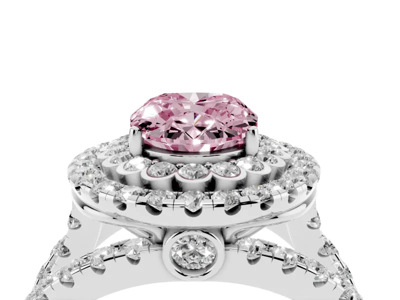 Oval Double Halo Split Shank Engagement Ring Setting for a Fancy Pink Lab-Grown Diamond | Pave Strands | Platinum