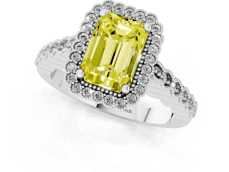 Radiant Cut Milgrain Halo Engagement Ring Setting for a Fancy Yellow Lab-Grown Diamond | Beaded Shoulders | White Gold