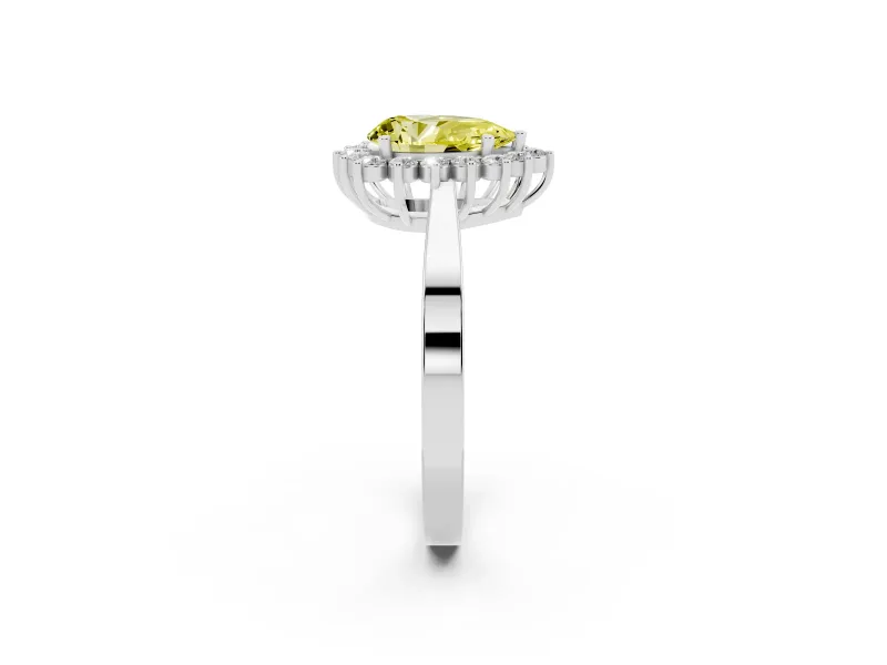 Fancy Yellow Pear Cut Diamond Halo Ring Set in Silver with Round Halo and Smooth Solitaire Band