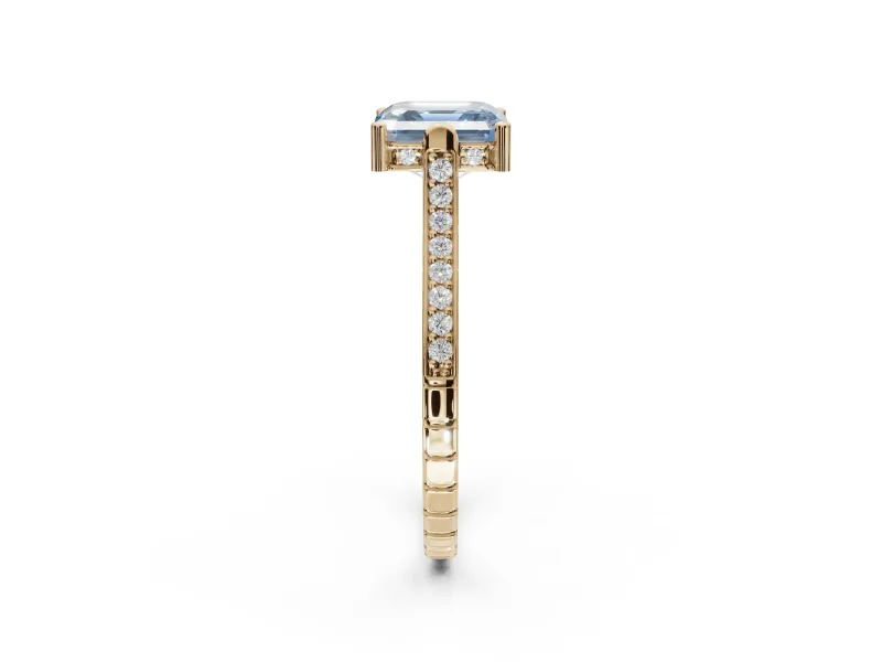Asscher Cut Vintage Cathedral Engagement Ring Setting for a Fancy Blue Lab-Grown Diamond | Carved Band | Yellow Gold