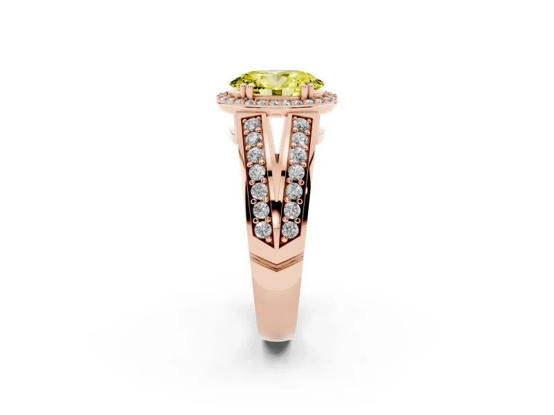 Fancy Yellow Oval Cut Diamond Halo Ring Set in Rose gold with Double Pavé Split Shank
