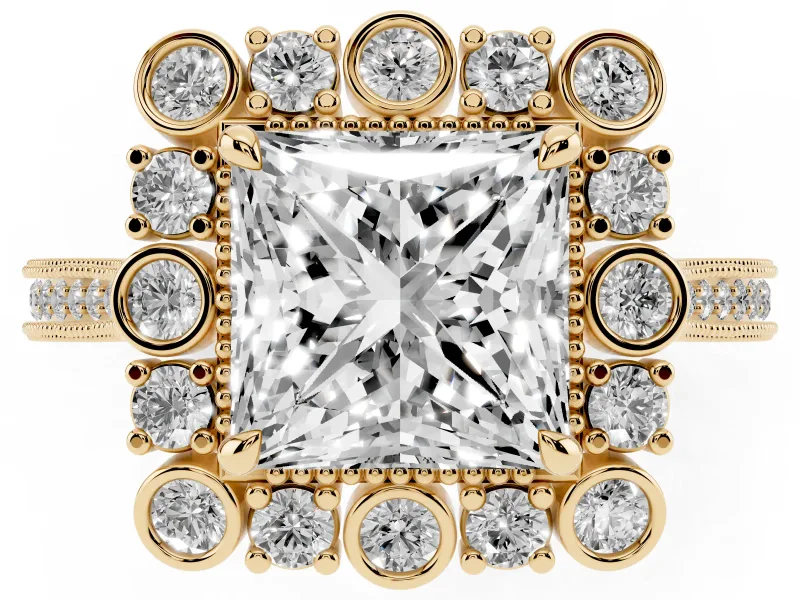 Princess Cut Diamond Halo Milgrain Pavé Ring Set in Yellow gold with Prong Setting