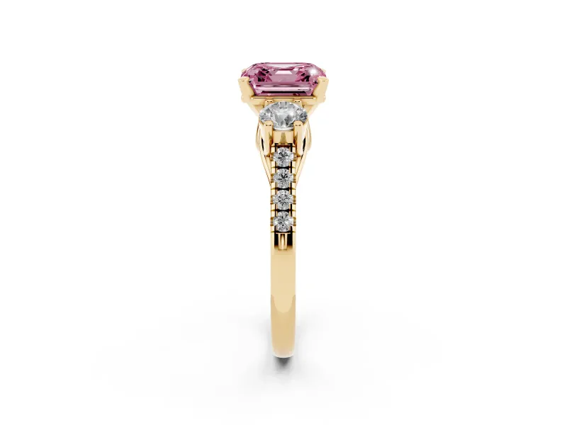 Fancy Pink Three-Stone Asscher Cut Diamond Pavé Band Ring Set in Yellow gold with Prong-Set Trio