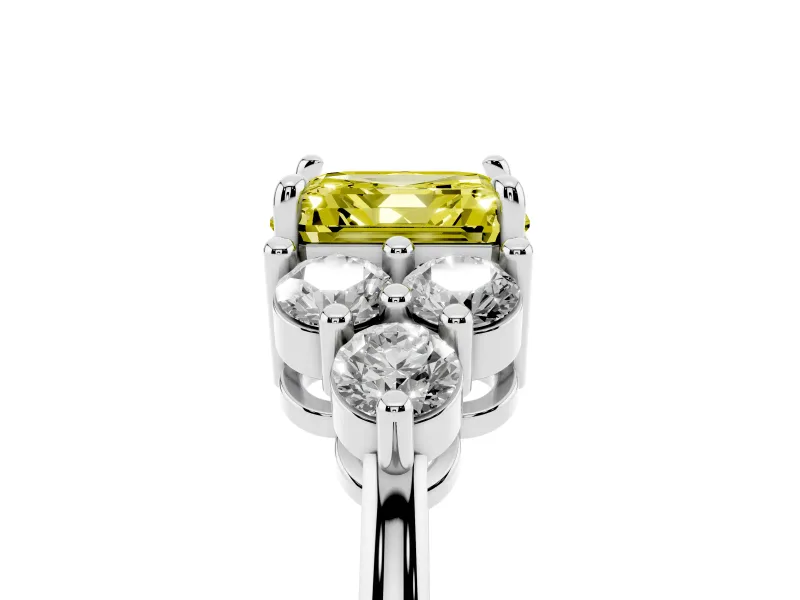 Fancy Yellow Asscher Cut Diamond Solitaire Ring Set in Silver with Cluster Accents on Each Side